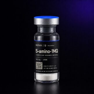 NOVA Q 5-amino-1MQ research vial, black carbon label, blue cap, on a dark studio background.