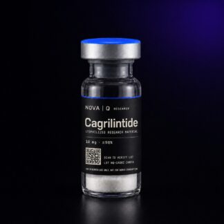 NOVA Q Cagrilintide research vial, black carbon label, blue cap, on a dark studio background.