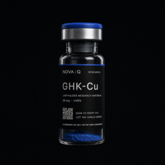 NOVA Q GHK-Cu research vial, black carbon label, blue cap, on a dark studio background.