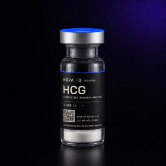 NOVA Q HCG research vial, black carbon label, blue cap, on a dark studio background.