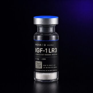 NOVA Q IGF-1 LR3 research vial, black carbon label, blue cap, on a dark studio background.
