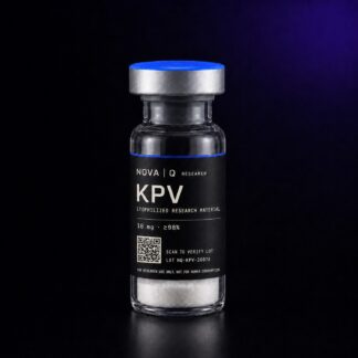NOVA Q KPV research vial, black carbon label, blue cap, on a dark studio background.