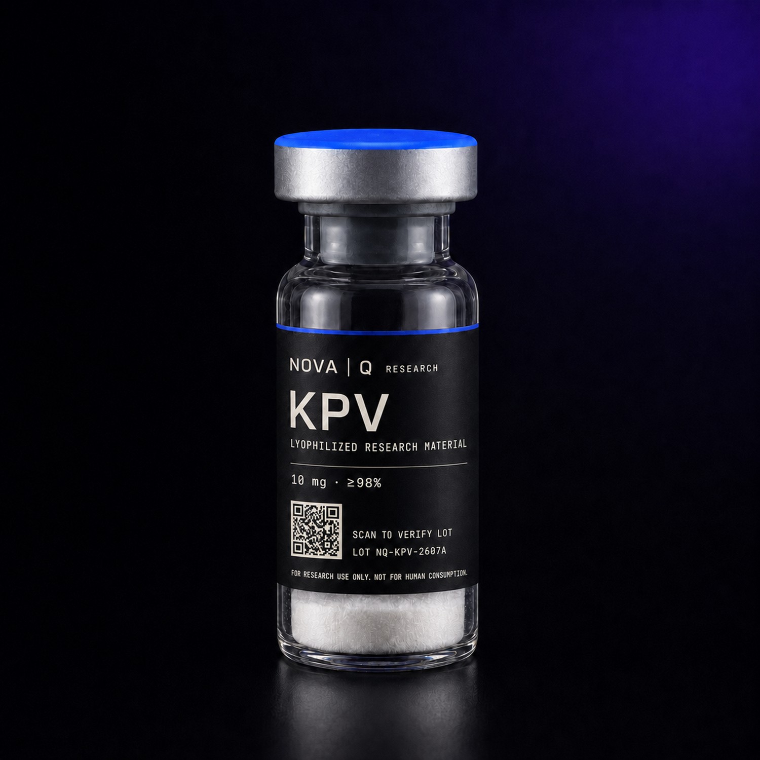 NOVA Q KPV research vial, black carbon label, blue cap, on a dark studio background.