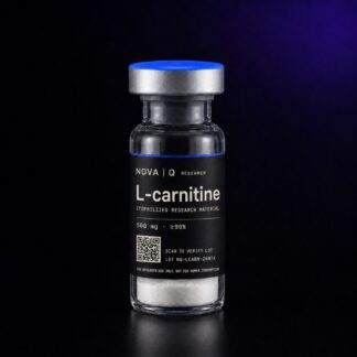 NOVA Q L-carnitine research vial, black carbon label, blue cap, on a dark studio background.