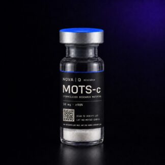 NOVA Q MOTS-c research vial, black carbon label, blue cap, on a dark studio background.