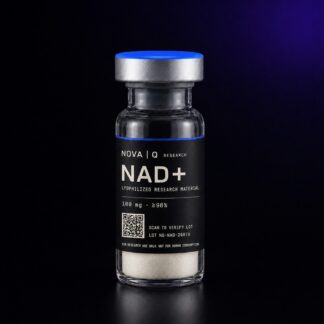 NOVA Q NAD+ research vial, black carbon label, blue cap, on a dark studio background.