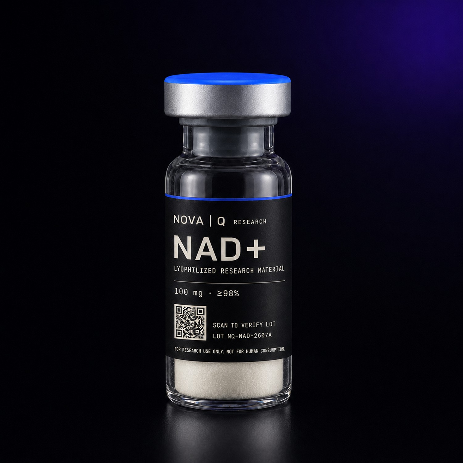 NOVA Q NAD+ research vial, black carbon label, blue cap, on a dark studio background.