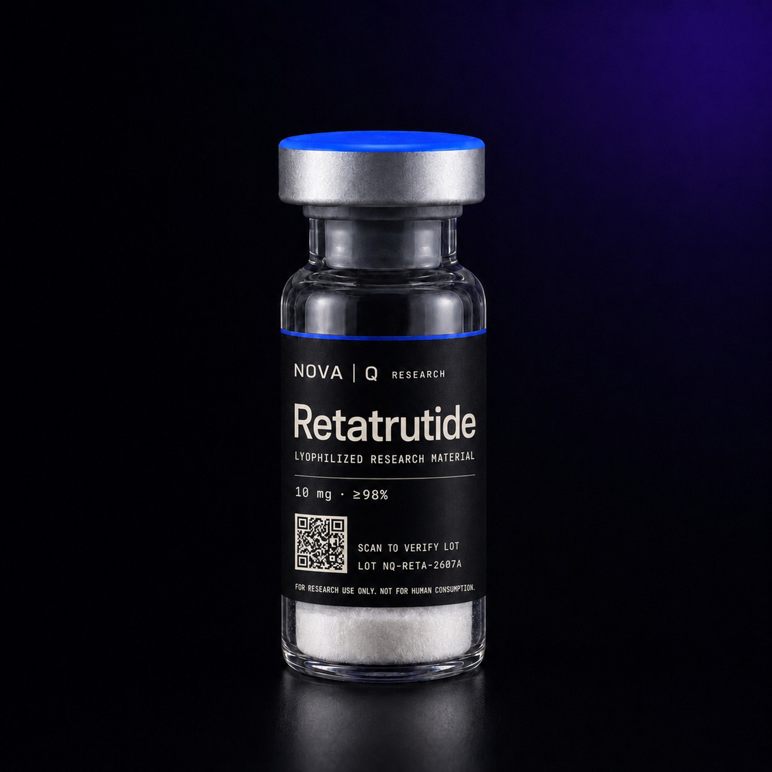 NOVA Q Retatrutide research vial, black carbon label, blue cap, on a dark studio background.