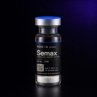NOVA Q Semax research vial, black carbon label, blue cap, on a dark studio background.