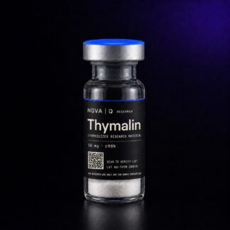 NOVA Q Thymalin research vial, black carbon label, blue cap, on a dark studio background.