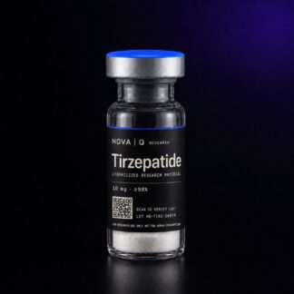 NOVA Q Tirzepatide research vial, black carbon label, blue cap, on a dark studio background.