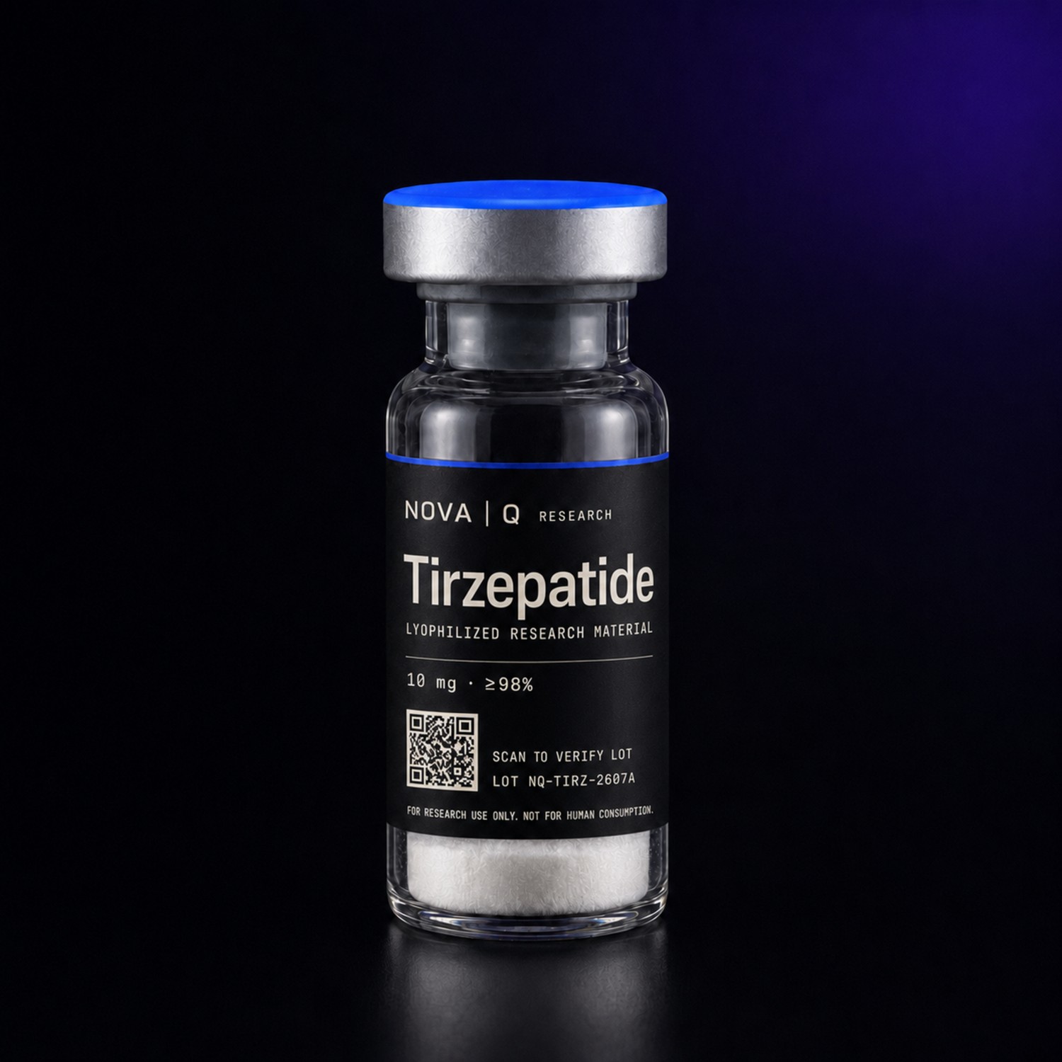 NOVA Q Tirzepatide research vial, black carbon label, blue cap, on a dark studio background.